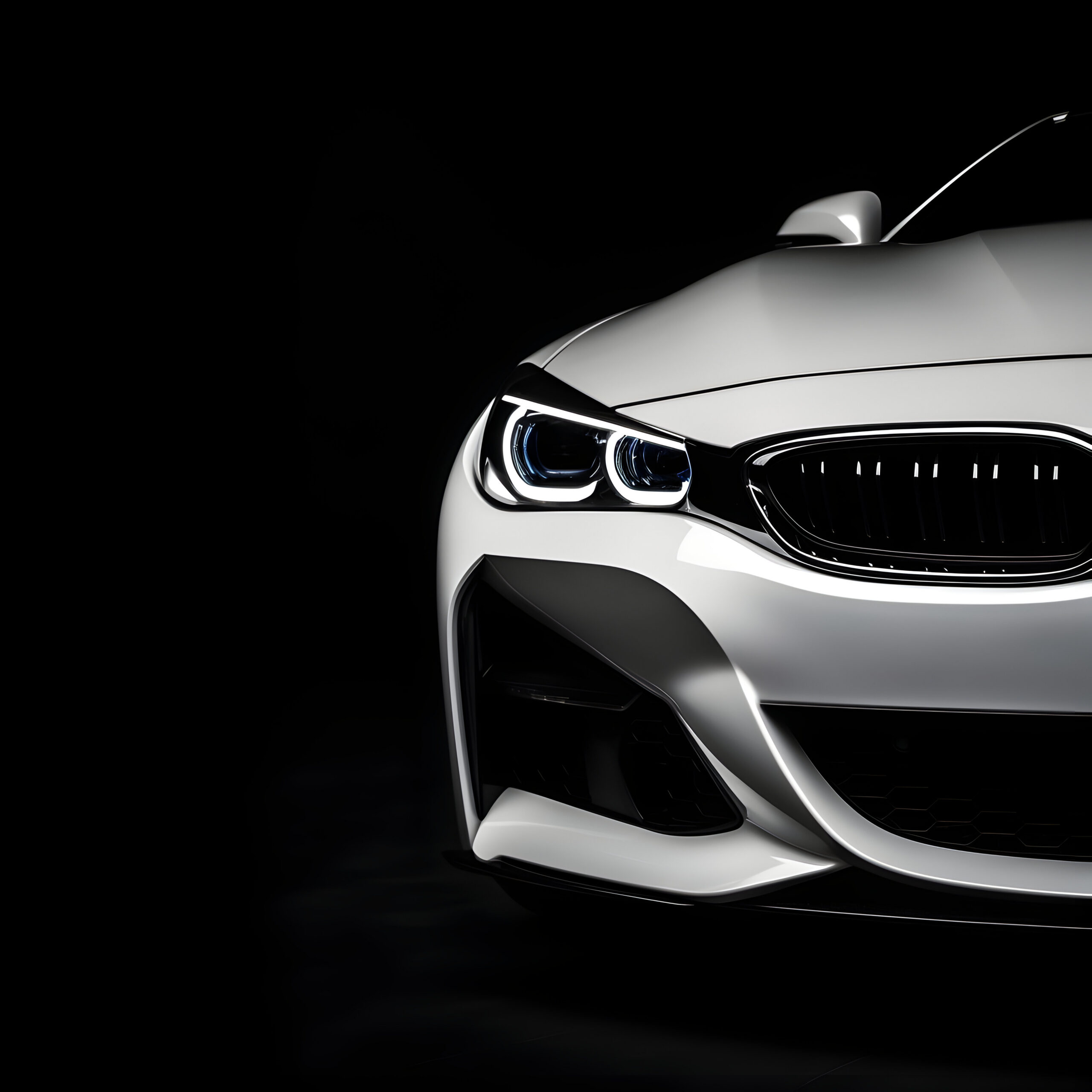 Photo Front view of the LED headlights modern blue car on black background,