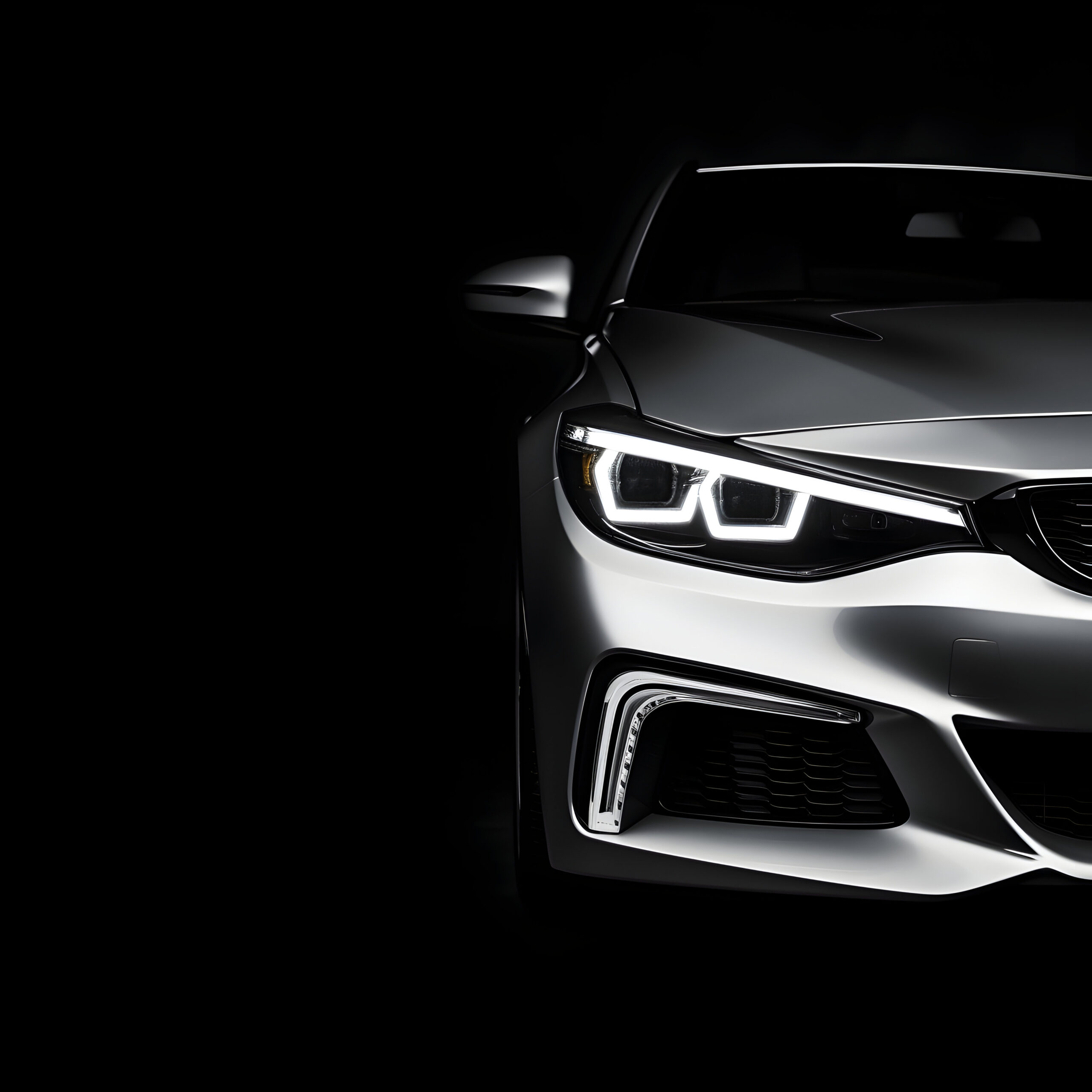 Photo of the new luxury car Close up detail on one of the LED headlights Automobile business